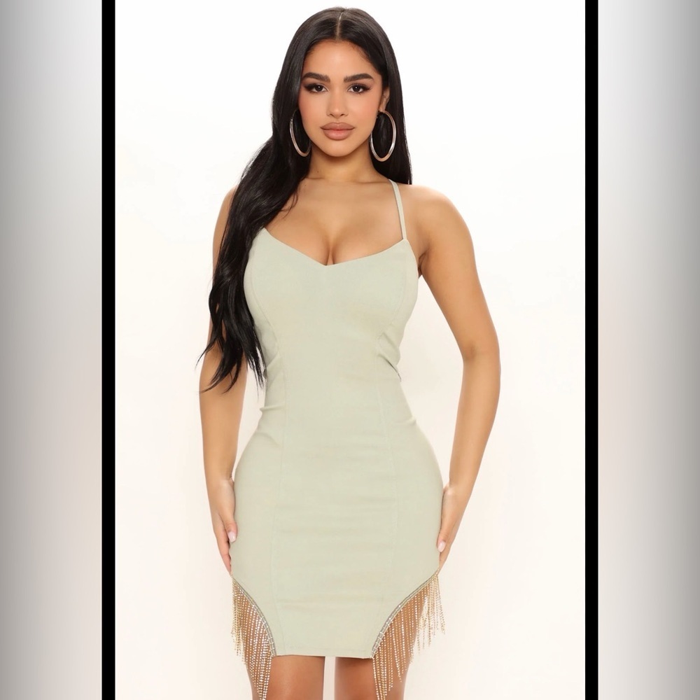 Haute Monde Light Green Mini Dress with Fringe size L